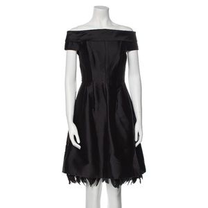 Kay Unger Off-The Shoulder Mini Dress with Feather Trim | XS